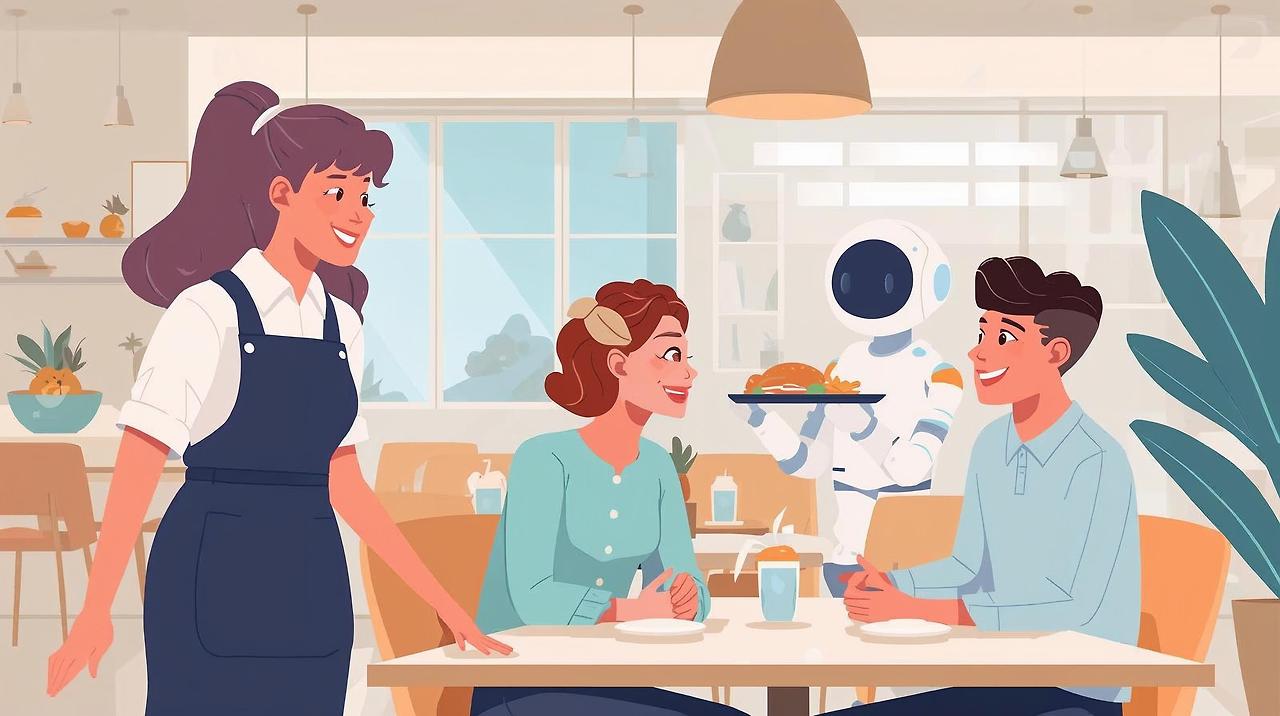 A modern illustration of a sleek serving robot carrying a tray of food efficiently in the background. In the foreground, a friendly human staff member is smiling and having a warm conversation with a happy coupl (1).jpg