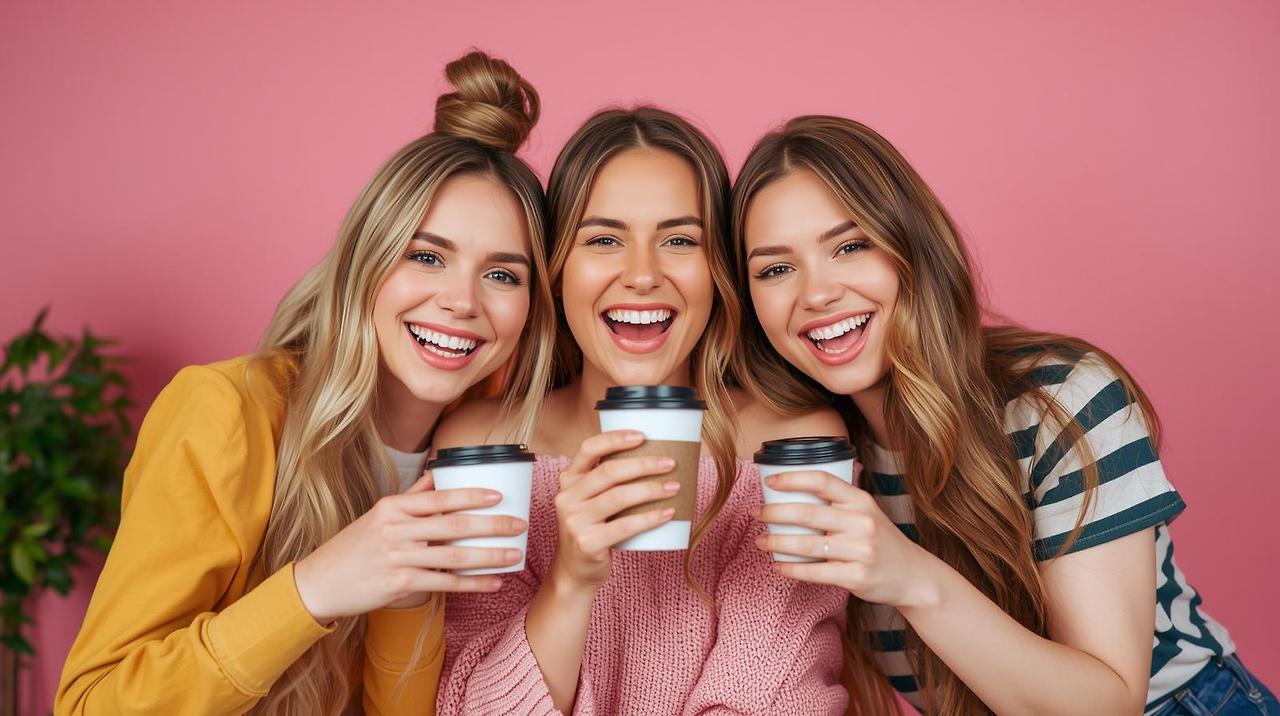 “핑크색 공간에서 커피잔을 들고 포즈를 취하며 사진을 찍는 젊은 여성들, SNS 업로드 분위기, 화려한 조명과 활기찬 표정 — 인플루언서 스타일”.jpg
