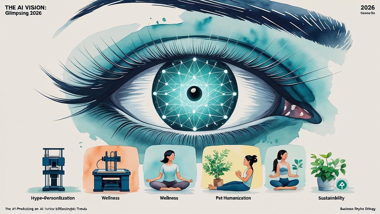 Create a sophisticated conceptual illustration for a business strategy book, titled _The AI Vision_ Glimpsing 2026_. The image should visualize an AI predicting future lifestyle trends.____Style___ An artistic blend.jpg