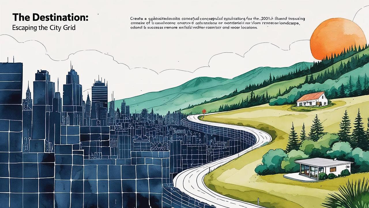Create a sophisticated conceptual illustration for a business strategy book, titled _The Destination_ Escaping the City Grid_. It should visualize why remote, _contrarian_ locations can be successful by showing a jo.jpg
