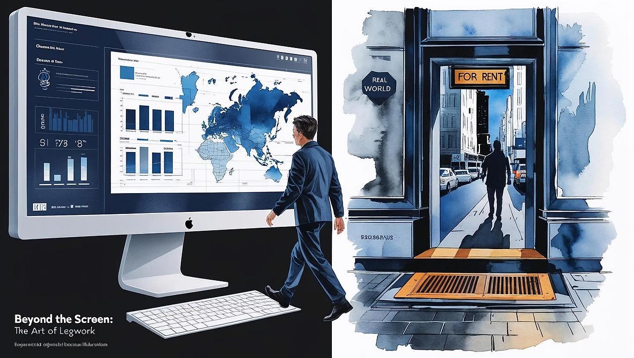 Create a sophisticated conceptual illustration for a business book, titled _Beyond the Screen_ The Art of Legwork_. It should visually contrast the limitations of online data with the rich insights of on-site inspec.jpg