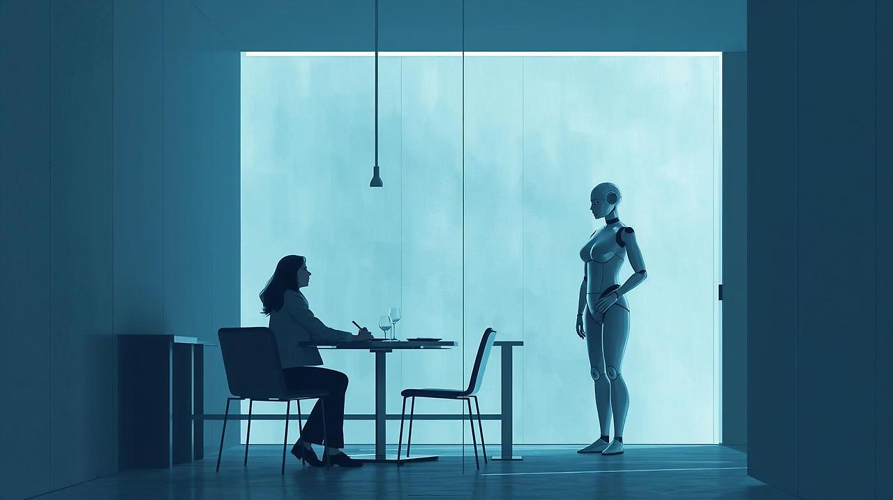 A minimalist and slightly melancholic illustration. A single customer sits alone at a table in a very clean, modern, but cold restaurant. A sleek serving robot is in the background. The lighting is cool and blue, cr.jpg