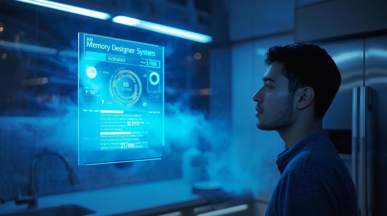 주방 안, 젊은 사장 앞에 파란빛 홀로그램 창이 공중에 떠 있다. 창에는 “기억 설계자 시스템 활성화” “시각 만족도 21_100” 같은 숫자와 문구가 떠 있음. 사장은 놀란 듯한 눈빛으로 홀로그램을 바라본다. 배경은 형광등 아래의 차가운 조명, 공중에는 은은한 푸른빛이 번지는 SF 감성의 일러스트..jpg