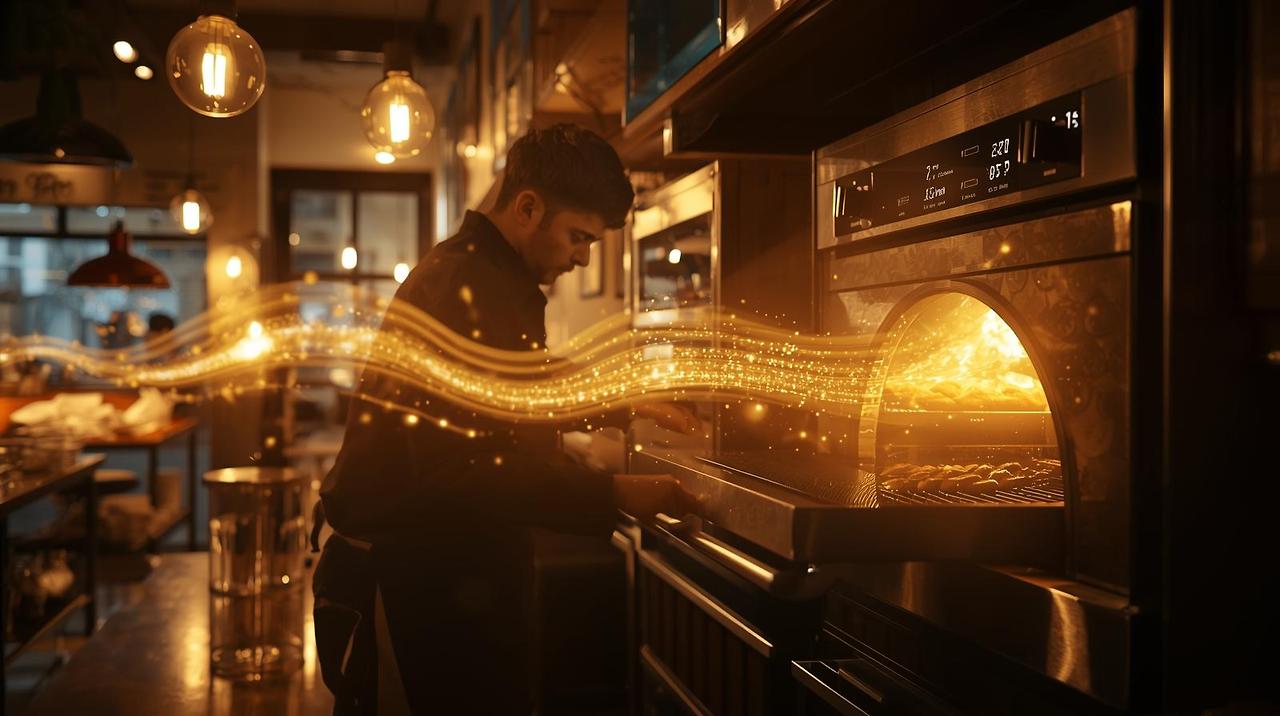 사장이 급히 움직이며 가게의 조명을 바꾸고, 재즈 음악을 틀고, 오븐에 마늘빵을 굽는 장면. 공기 중에는 향긋한 냄새를 표현하는 듯한 따뜻한 빛의 흐름이 그려진다. 주방의 은은한 불빛과 홀로그램 숫자가 함께 빛나며, “후각 만족도 상승!” 같은 효과가 떠 있는 장면. 역동적이고 따뜻한 분위기..jpg