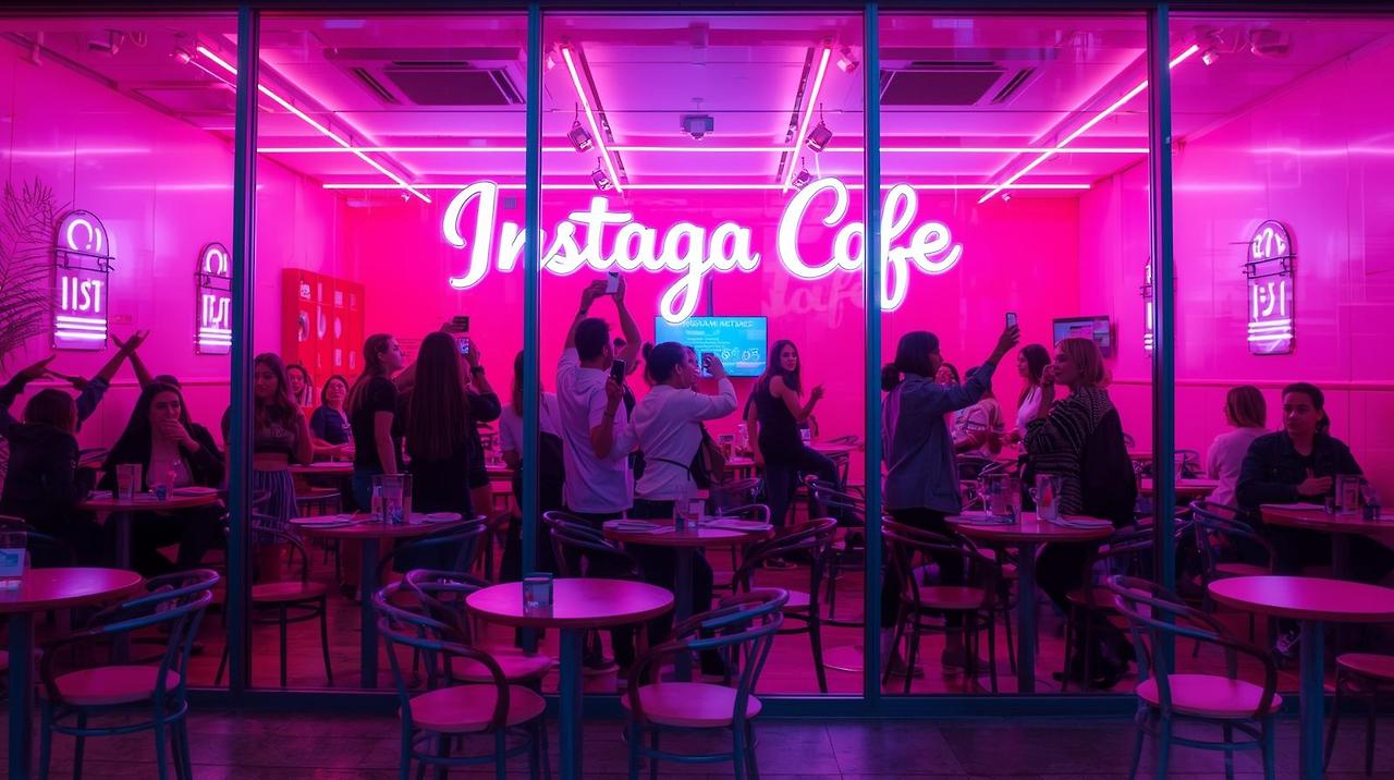“통유리 외벽과 벽, 테이블, 의자까지 전부 핑크색으로 꾸며진 대형 카페, 셀카를 찍는 젊은 여성 고객들, 화려한 인스타그램 감성, 네온 조명 — 밝고 생동감 있게”.jpg