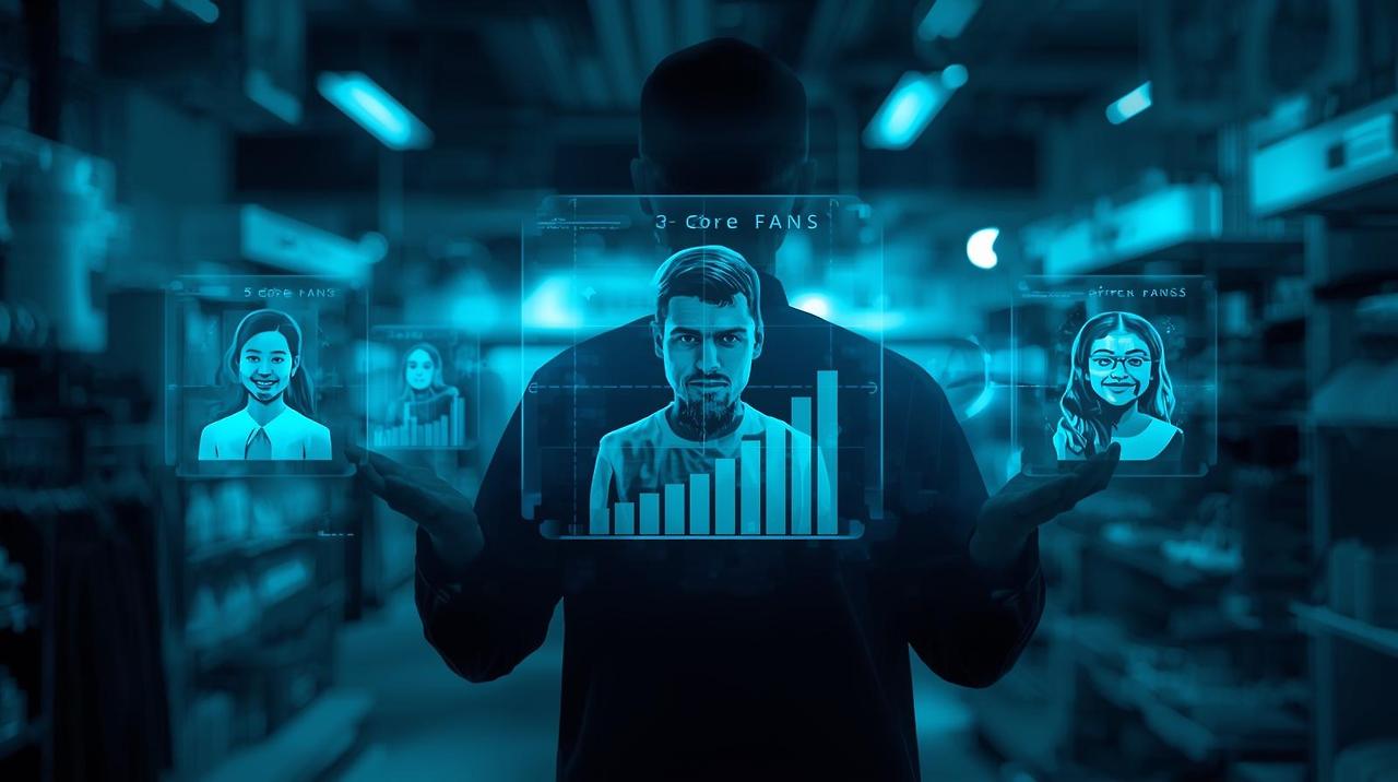 “가게 주인의 앞에 떠 있는 3명의 고객 데이터 프로필, 각기 다른 인물 사진과 그래프, ‘핵심 팬 3명’ 문구가 빛나는 장면 — 미래지향적인 데이터 시각화, 디지털 블루 톤” (1).jpg