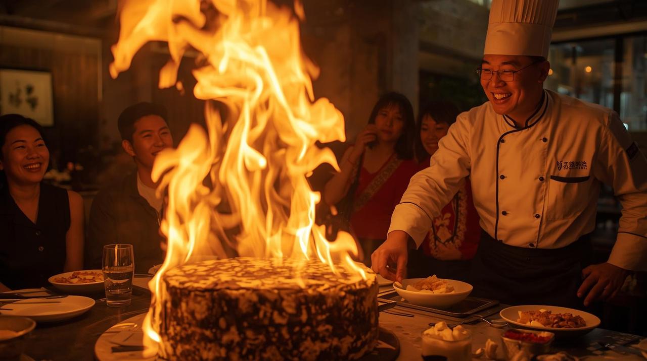 “불꽃이 잦아든 식당 안, 주인공 셰프가 미소를 지으며 불꽃이 타오르던 치즈 휠을 바라보는 장면, 손님들의 환한 표정 — 드라마틱하고 감성적인 연출”.jpg