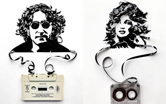 미국의 사진작가 에이미 코슨은 카세트 테이프 안의 자성을 띠는 검정색 테이프를 이용해 유명 음악가들의 초상화를 만든다..jpg