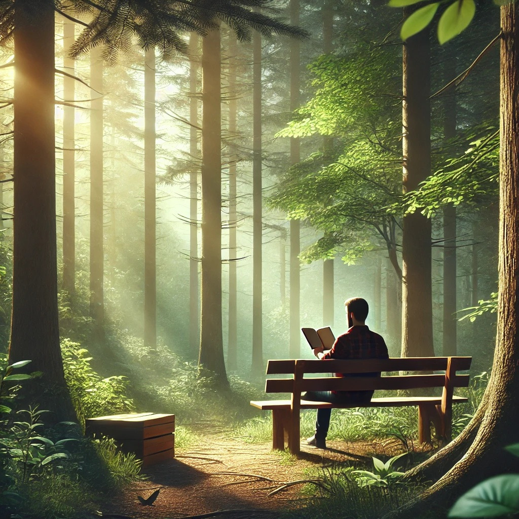 DALL·E 2025-03-17 15.04.08 - A serene forest scene with a person sitting on a wooden bench, reading a book and surrounded by nature. The person is taking a break from technology, .jpg