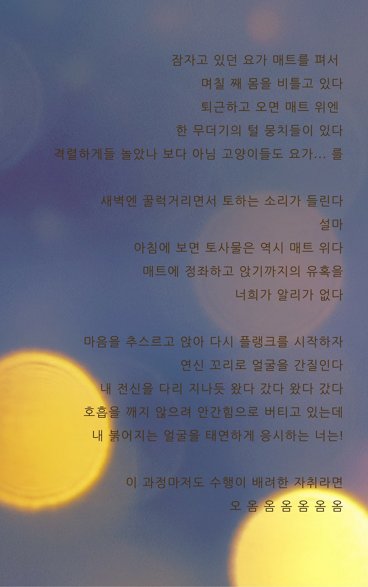 잠자고 있던 요가 매트를 펴서 며칠 째 몸을 비틀고 있다퇴근하고 오면 매트 위엔 한 무더기의 털 뭉치들이 있다격렬하게들 놀았나 보다 아님 고양이들도 요가... 를새벽엔 꿀럭거리면서 토하는 소리가 들린다설마아침에 보면 토사물은 보통 매트 위다매트에 정좌하고 앉기까지의 유혹을너희가 알리가 없다마음을 추스르고 앉아 다시 플랭크를 시작하자연신 꼬리로 얼굴을 간질인다내 전신을 다리 지나듯 왔다.jpg