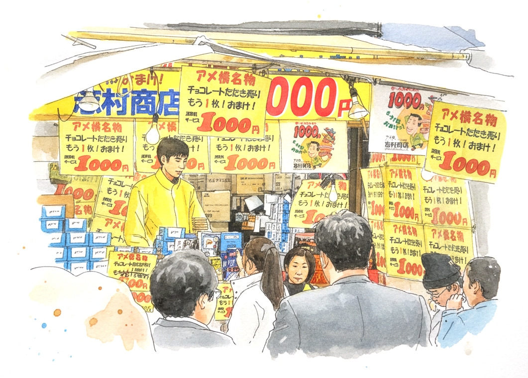 아메야요코초(アメヤ横丁, Ameya-Yokochō)**에 위치한 **시무라 상점(志村商店, Shimura Shoten)**의 모습.jpg