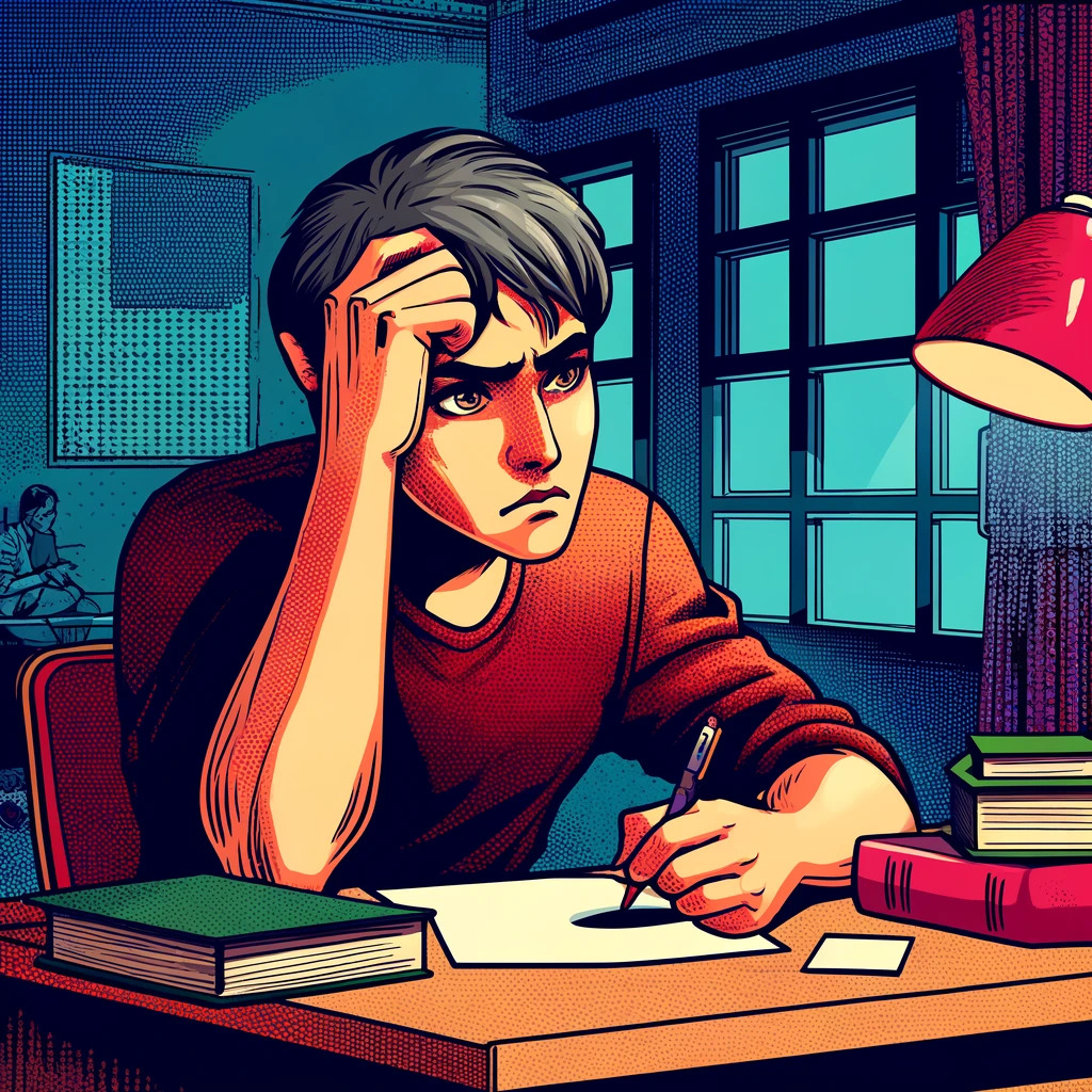 DALL·E 2024-05-06 19.28.09 - An animated style image depicting a person self-criticizing, enhanced with a pop art aesthetic. The character is sitting at a small desk in a dimly li.jpg