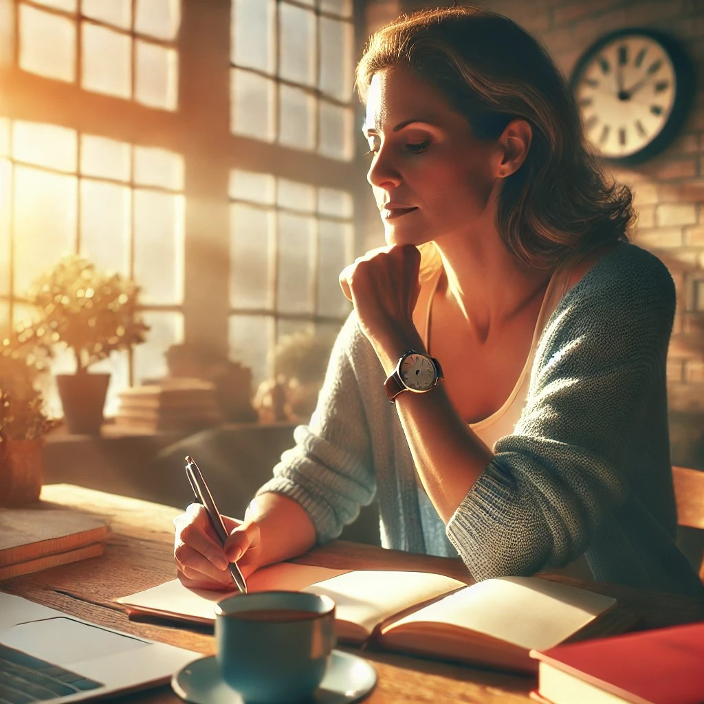 DALL·E 2025-02-14 01.43.42 - A woman in her 40s sitting at a desk, looking contemplative and holding a pen. The scene is bathed in warm, natural light from a window, symbolizing a.jpg