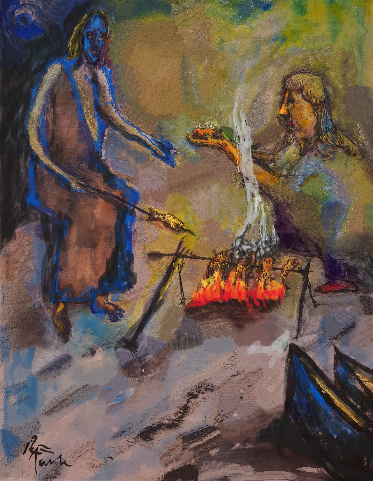 베드로와 예수, 48.5x35cm 한지수채화(2023).jpg