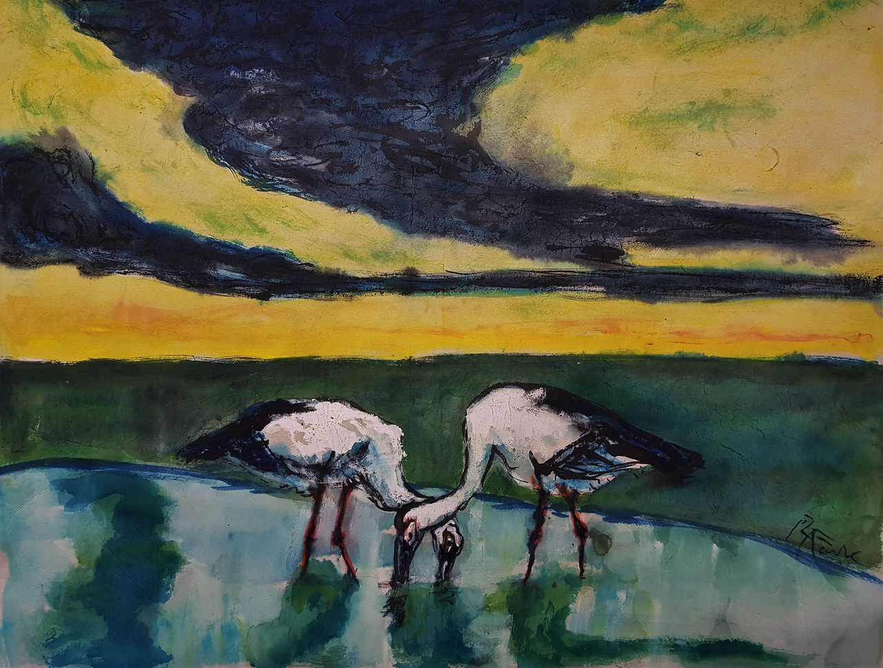 노란 하늘 아래 먹이 먹는 황새들.jpg