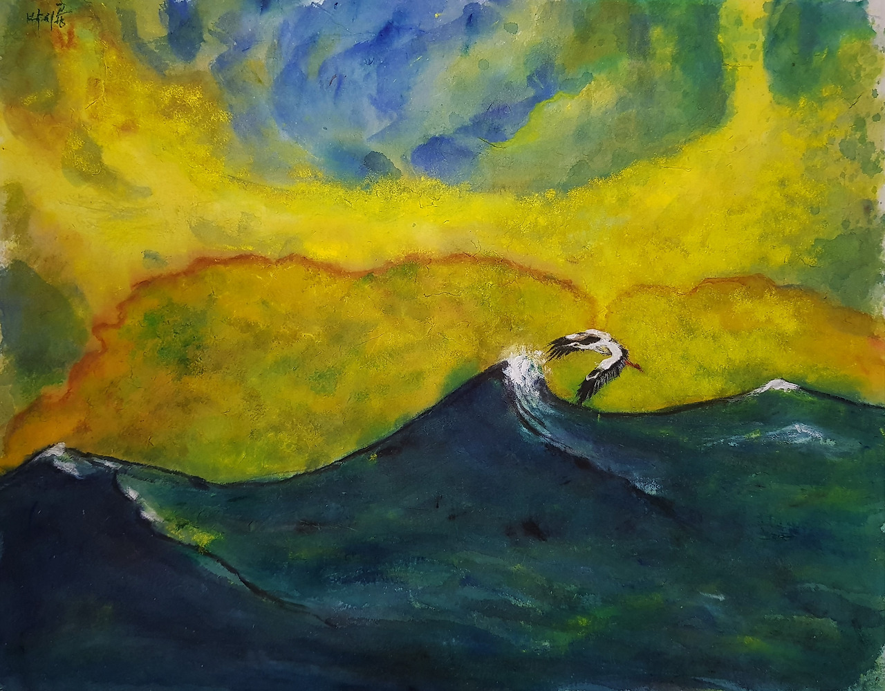 6-4 Storks flying over high waves in the Great Sea (2015).jpg