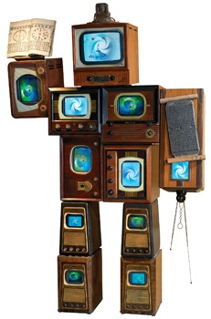 Nam June Paik, Li Tai Po, 1987. 10 antique wooden TV cabinets, 1 antique radio cabinet, antique Korean printing block, antique Korean book, 11 color TVs.jpg
