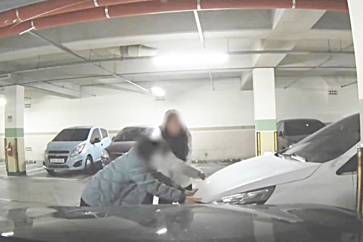 이중주차된 차를 미는 가해자 일행 사진 출처 = '블박맛집'.jpg