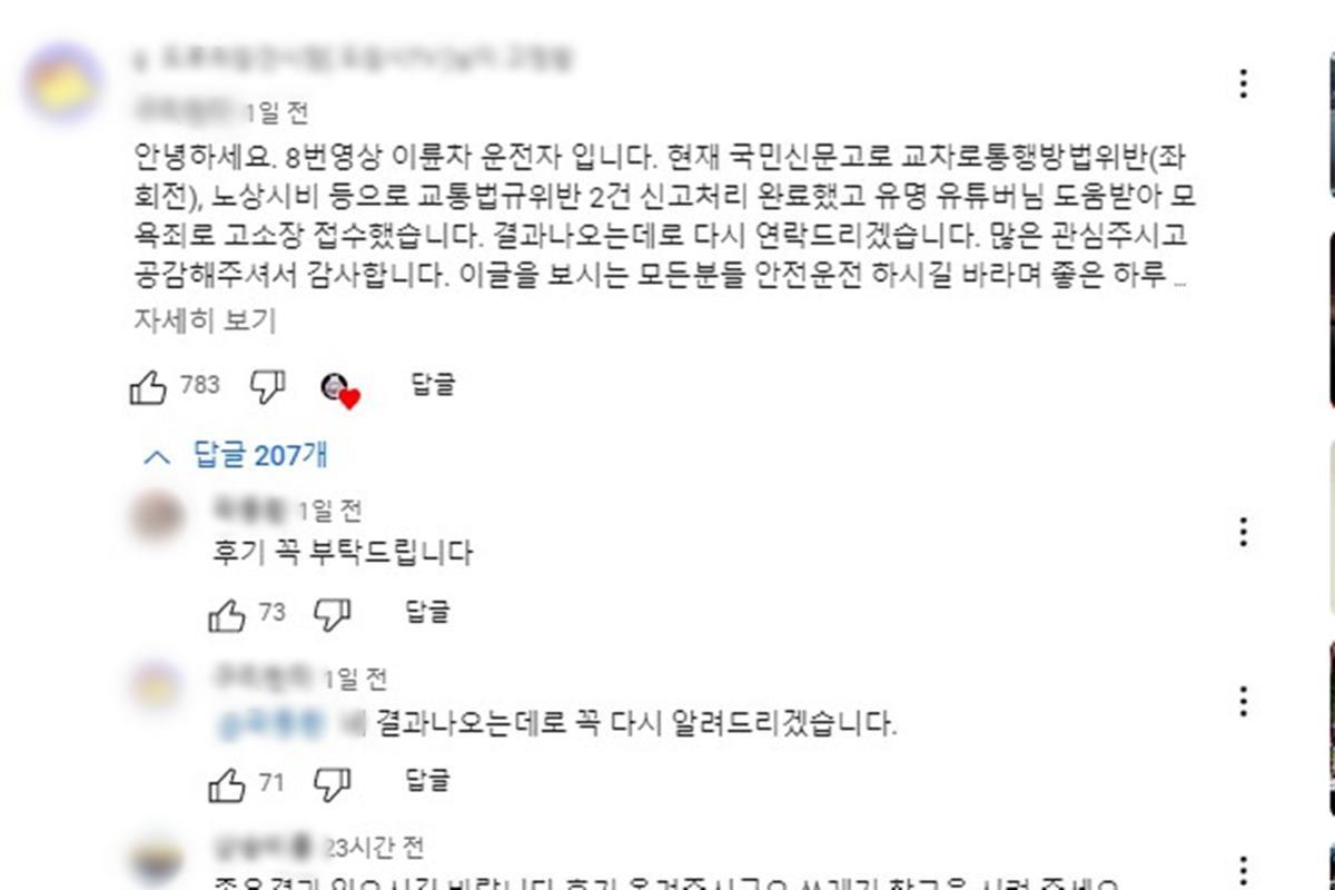 댓글에 등장한 제보자 사진 출처 = 유튜브 채널 '도로위참견시점'.jpg