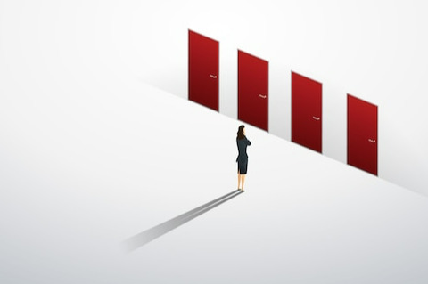 businesswoman-standing-thinking-red-door-four-choice-wall-path-goal-success_64478-452.jpg