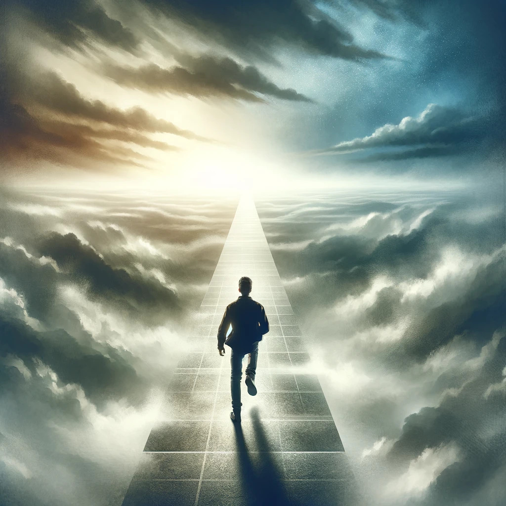 DALL·E 2024-02-25 21.51.26 - An image of a person walking confidently towards an uncertain future, depicted as a path that fades into mist or fog. The person is shown in a dynamic.jpg