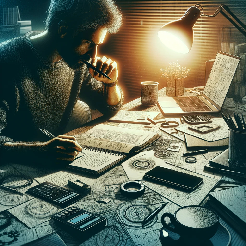 DALL·E 2024-02-25 21.49.41 - A detailed image of a focused individual sitting at a desk, surrounded by scattered papers, notebooks, and digital devices. The person is deeply engro.jpg