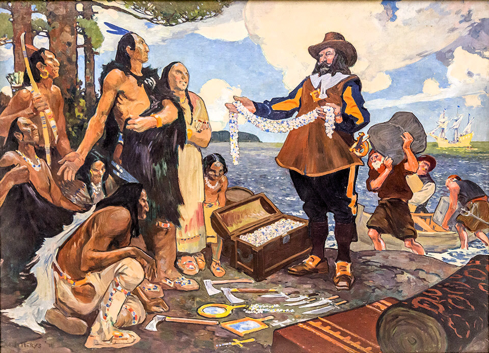 Champlain qui échange avec les Indiens, par C. W. Jefferys.jpg