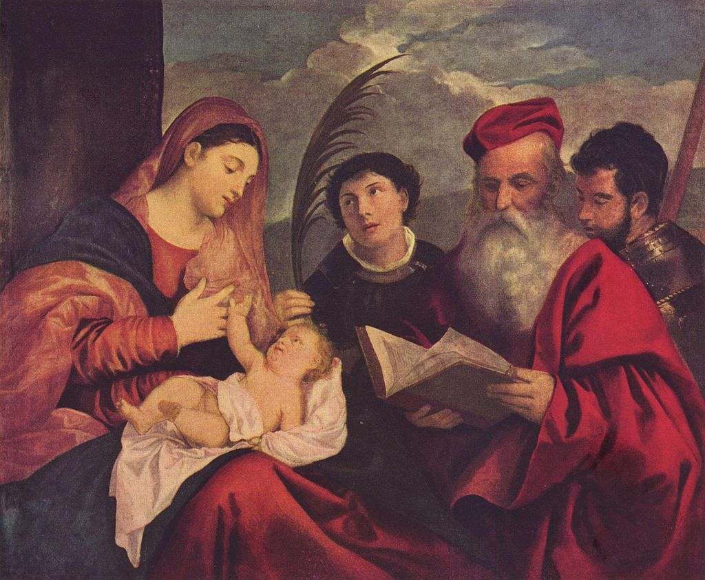 Tiziano, La Vierge à l'Enfant avec les saints Étienne, Jérôme et Maurice v. 1520, Louvre.jpg