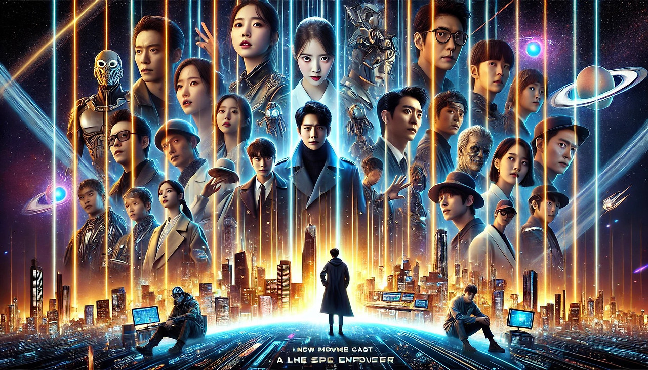 DALL·E 2024-07-11 14.59.52 - Create a sci-fi movie poster featuring a large ensemble cast including Han Hyo-joo, Jo In-sung, Jun Ji-hyun, Kim Tae-hee, Jang Dong-gun, Lee Seung-gi,.jpg