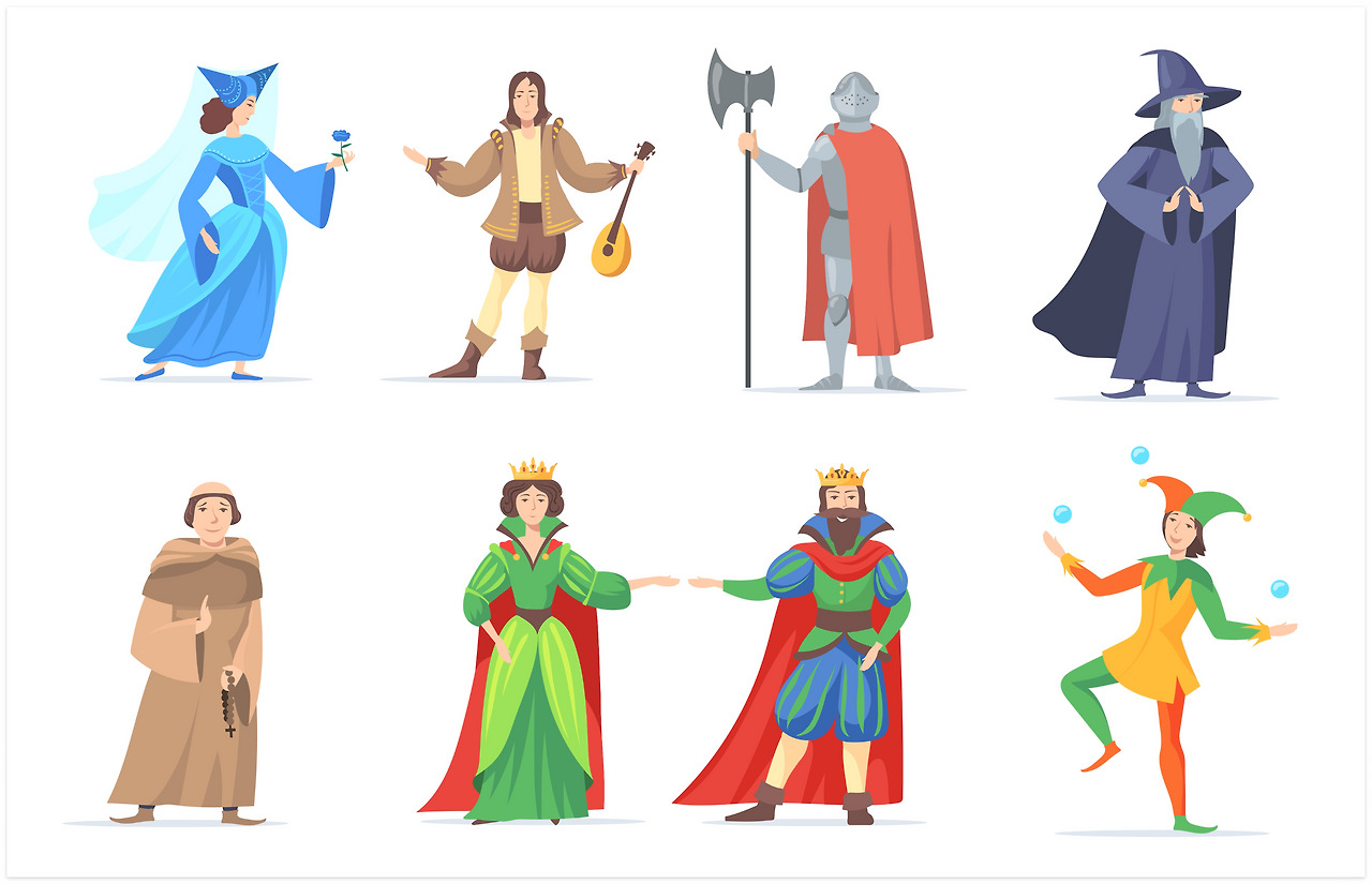 Set of medieval cartoon characters in historical costumes.jpg