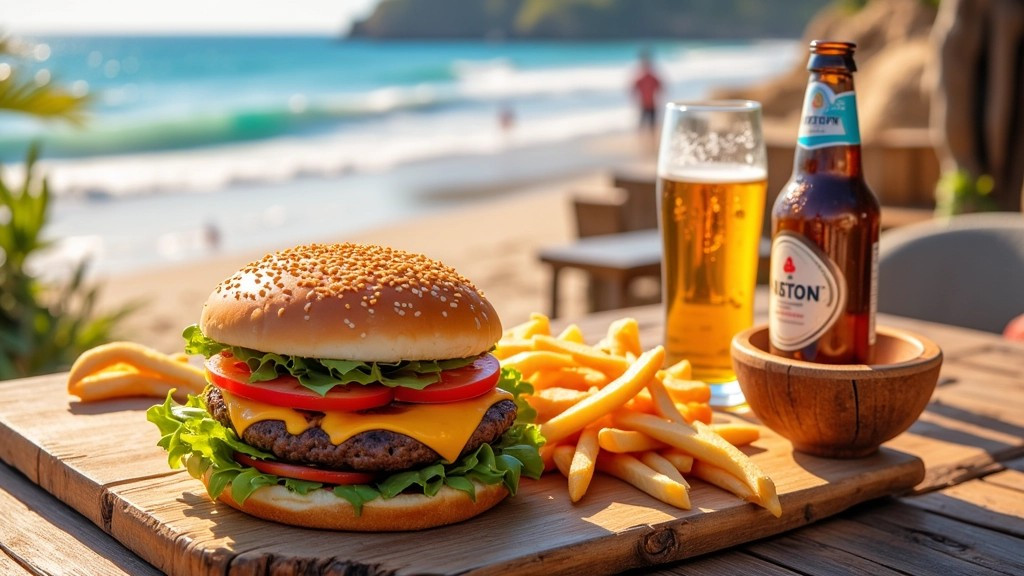 수제 버거와 감자튀김, 맥주 한 병이 놓여있는 테이블 너머로 바닷가 모습이 보이는 풍경..jpg