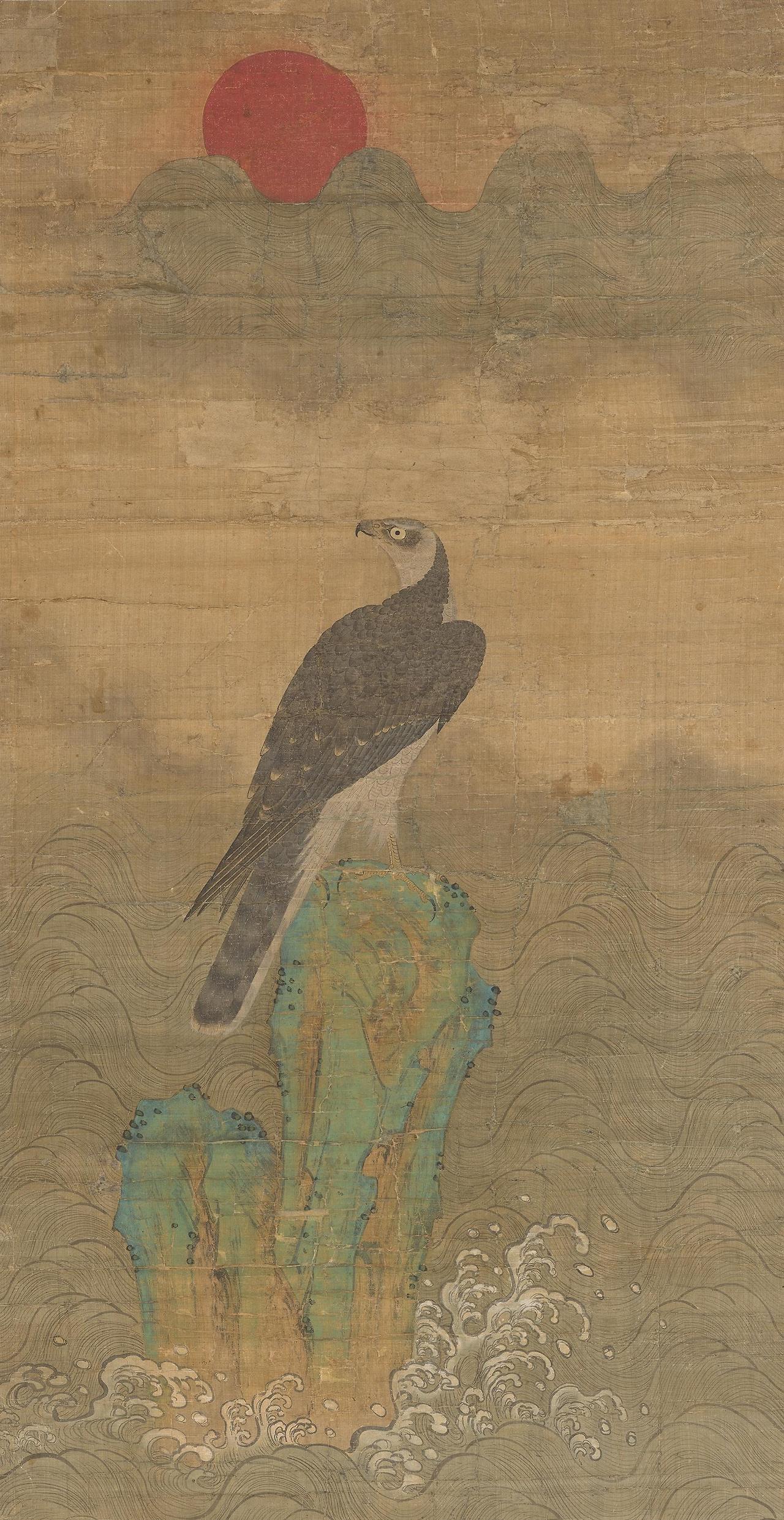 정홍래 해뜨는 바위 위의 매.jpg