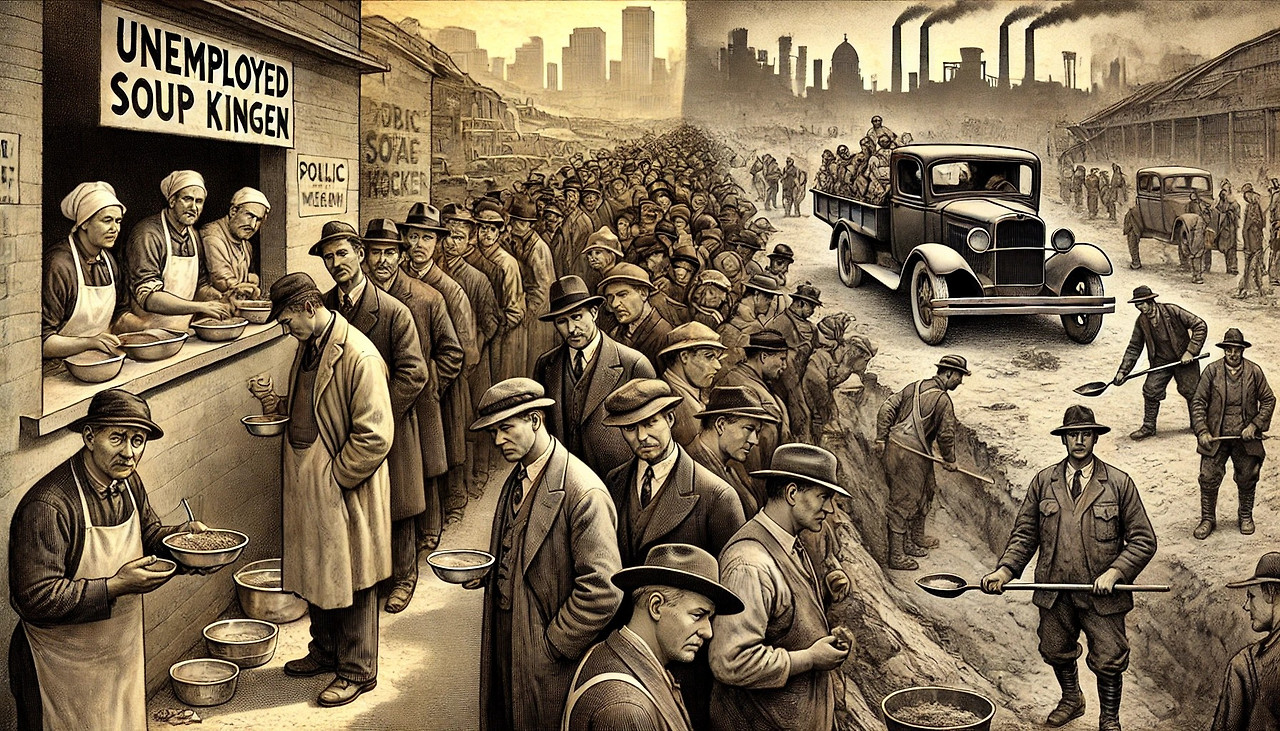 DALL·E 2025-03-07 11.56.14 - A historical 1930s scene depicting unemployed men and public workers during the Great Depression. On the left, a long line of unemployed men in worn-o.jpg