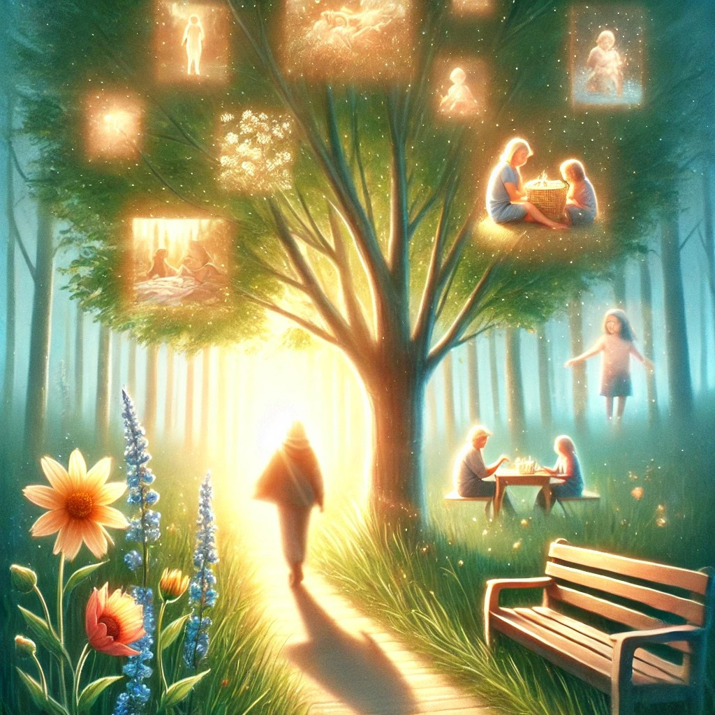 DALL·E 2025-03-25 13.16.32 - A bright and emotional illustration of a person walking on a forest path. Around them, soft glowing memory scenes float in the air_ a tree with a picn.jpg
