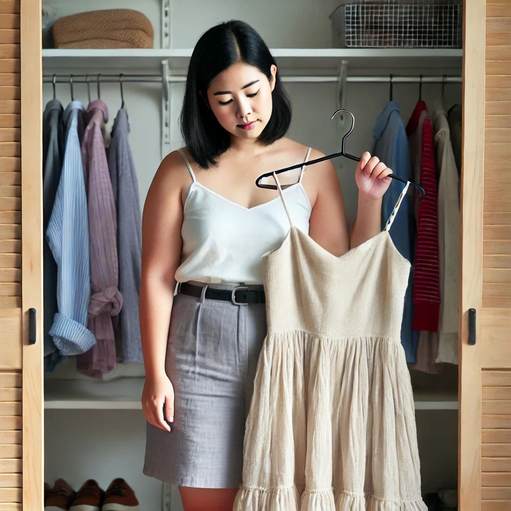 DALL·E 2025-03-05 12.32.51 - A slightly chubby East Asian woman on a diet stands in front of an open wardrobe, holding a dress that no longer fits her. She looks at it with a thou.jpg