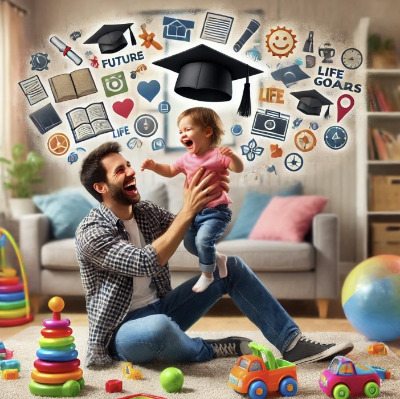 DALL·E 2024-07-02 08.49.29 - A parent playing joyfully with their child in a bright, colorful living room filled with toys and books. Both are laughing and having fun, but in the .jpg