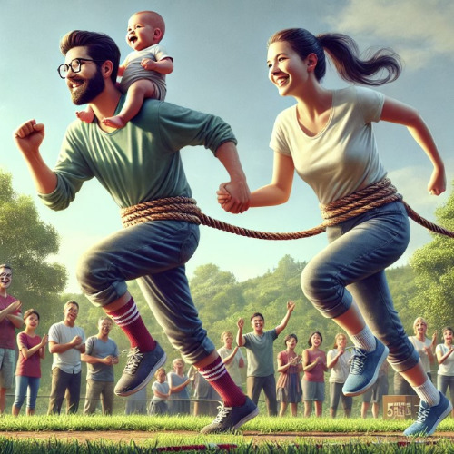 DALL·E 2024-07-02 21.09.26 - A realistic depiction of a couple participating in a three-legged race with their ankles tied together. The man's left ankle is tied to the woman's ri.jpg