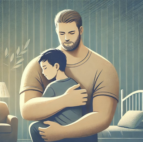 DALL·E 2024-06-27 00.10.18 - A large adult figure protectively holding a child in a warm embrace. The adult should appear strong and reassuring, while the child looks safe and com.jpg