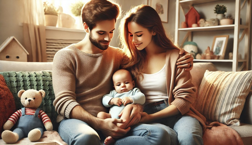 DALL·E 2024-06-29 13.29.12 - A warm and loving scene of parenting with both parents. The father and mother are sitting together on a comfortable sofa, holding their baby and looki.jpg