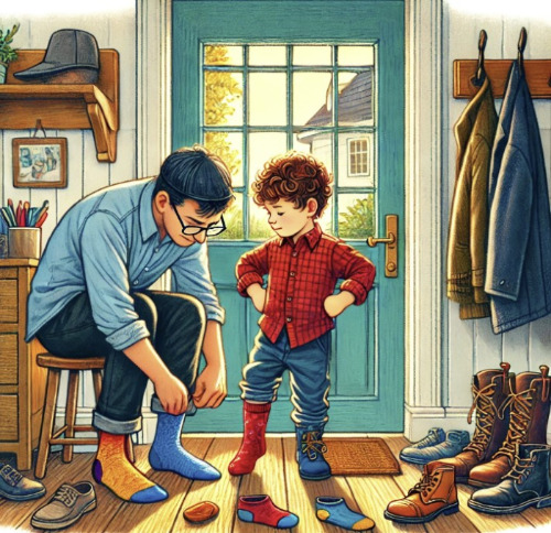 DALL·E 2024-08-05 12.06.59 - A beautiful and detailed illustration of a young child insisting on wearing mismatched socks to kindergarten. The child is standing at the doorway, on.webp.jpg