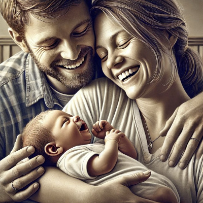 DALL·E 2024-07-02 19.41.52 - A highly realistic and detailed illustration focusing on the joyful moment of new parents holding their newborn baby. The scene shows a loving mother .jpg