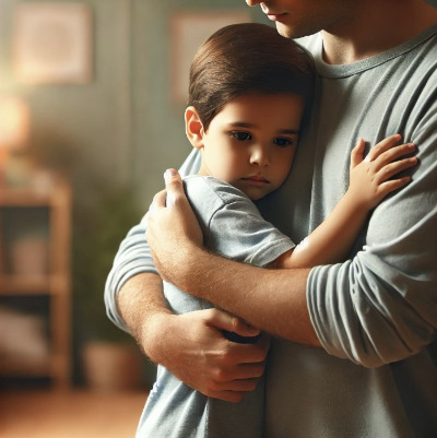 DALL·E 2024-06-27 00.11.11 - A caring adult figure embracing a child, providing protection and comfort. The adult should look strong and gentle, with the child appearing safe and .jpg