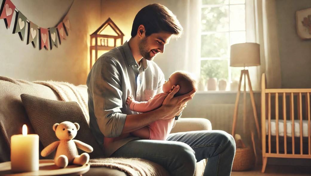 DALL·E 2024-06-29 13.28.39 - A warm and loving scene of parenting with a father. The father is sitting on a comfortable sofa, holding his baby and looking at them with a loving sm.jpg