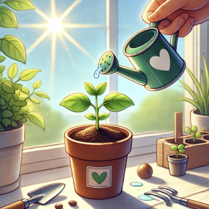 DALL·E 2024-07-04 20.05.01 - An illustration of a small flower pot with a sprouting seedling. The pot is placed on a windowsill with sunlight gently streaming through. The seedlin.webp.jpg