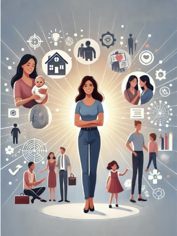 DALL·E 2024-07-16 00.33.15 - A woman standing at the center of the image, surrounded by elements symbolizing her various roles and titles. To her left, she is depicted as a mother.webp.jpg
