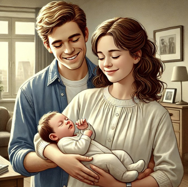 DALL·E 2024-07-02 19.43.15 - A simple and modest, highly realistic and detailed illustration of a young middle-class couple in their late 20s holding their newborn baby. The scene.jpg