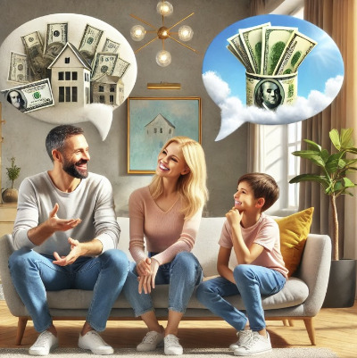 DALL·E 2024-06-26 14.31.49 - Adjust the painting to maintain the family setup—father, mother, and their 12-year-old child—but alter the speech bubble to contain just one bundle of.jpg