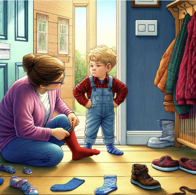 DALL·E 2024-08-05 12.06.27 - A detailed illustration of a young child insisting on wearing mismatched socks to kindergarten. The child is standing at the doorway, one foot wearing.webp.jpg