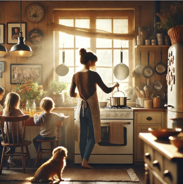 DALL·E 2024-07-07 18.37.51 - A mother cooking for her family in a warm, cozy kitchen, seen from behind. She is wearing an apron and standing at the stove, stirring a pot. The kitc.webp.jpg