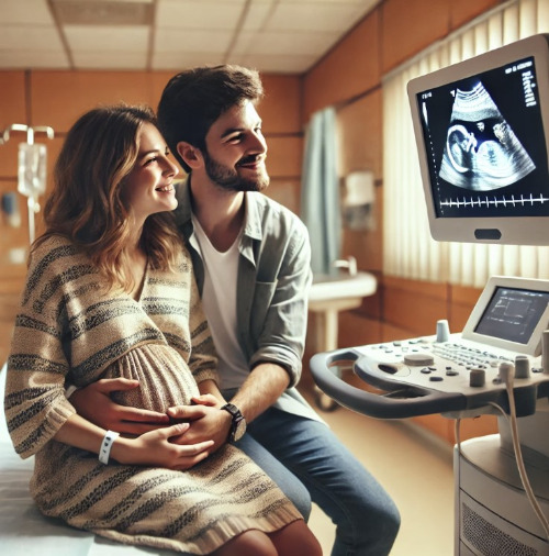 DALL·E 2024-06-24 17.16.41 - A newlywed couple in a hospital setting, hearing the news that they are going to have a baby. The couple is looking at a monitor displaying an ultraso.jpg